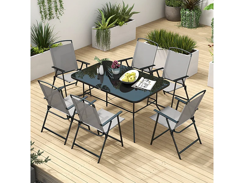 Conjunto de Refeição de Jardim Elegante – Cinza e Preto – 7 Peças com Mesa de Vidro e Cadeiras Dobráveis