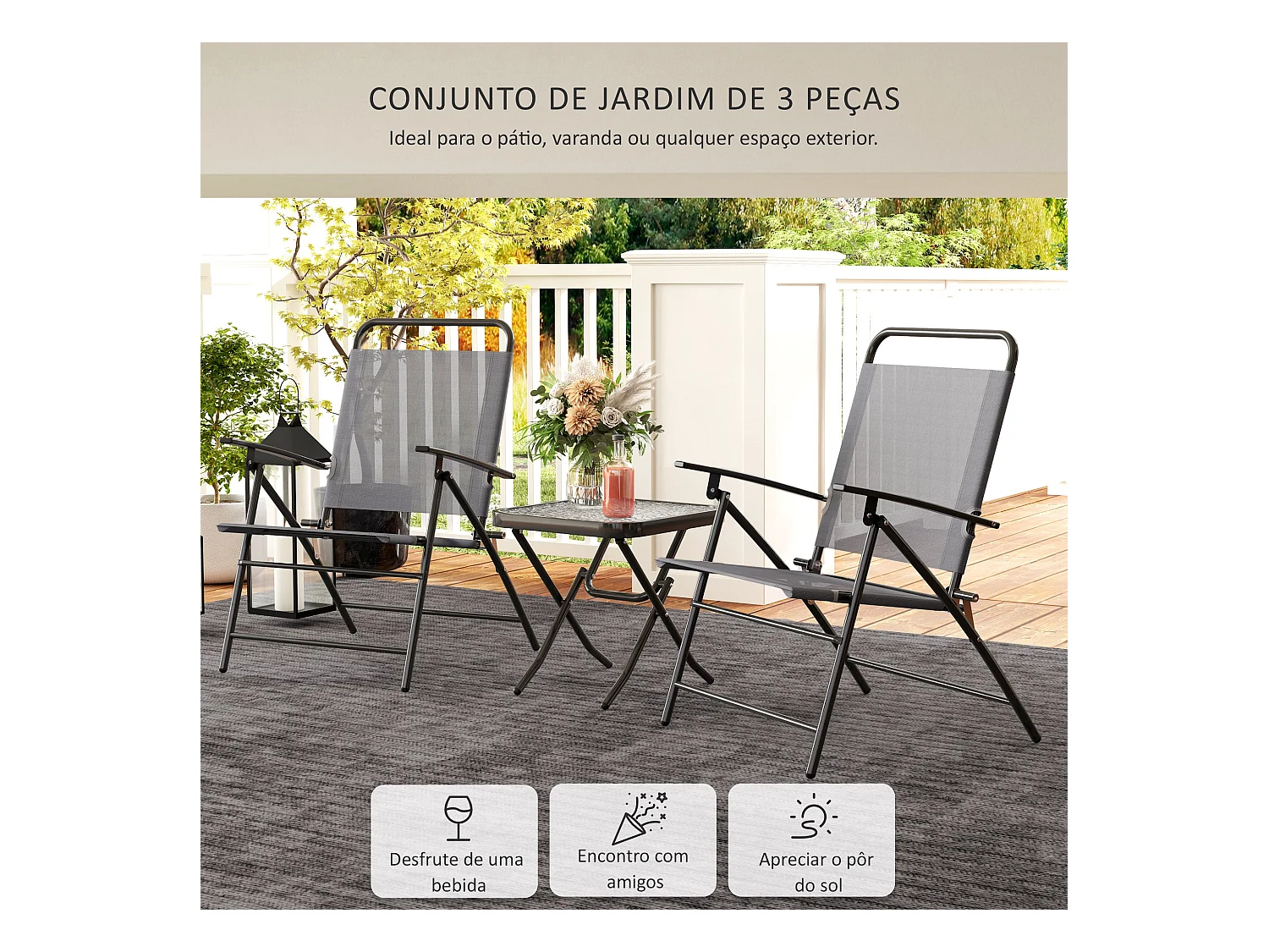 Conjunto de jardín Ghina 2 sillas + mesa gris