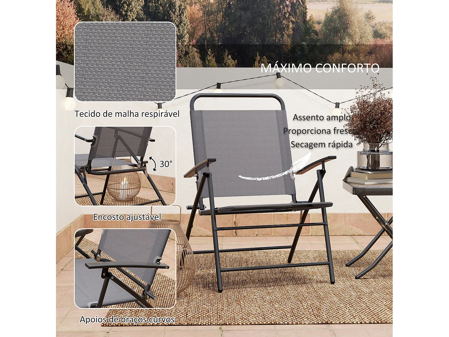 Conjunto de Mesa e Cadeiras Dobráveis para Jardim com Encosto Ajustável e Tampo de Vidro