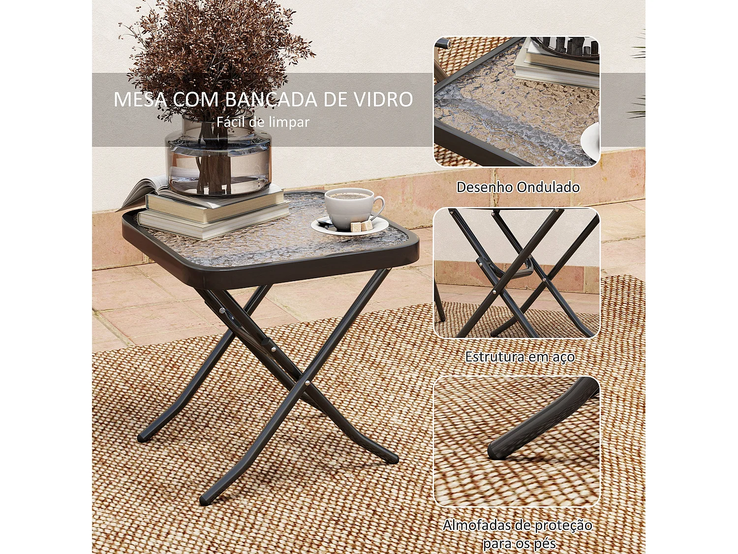Conjunto de Mesa e Cadeiras Dobráveis para Jardim com Encosto Ajustável e Tampo de Vidro