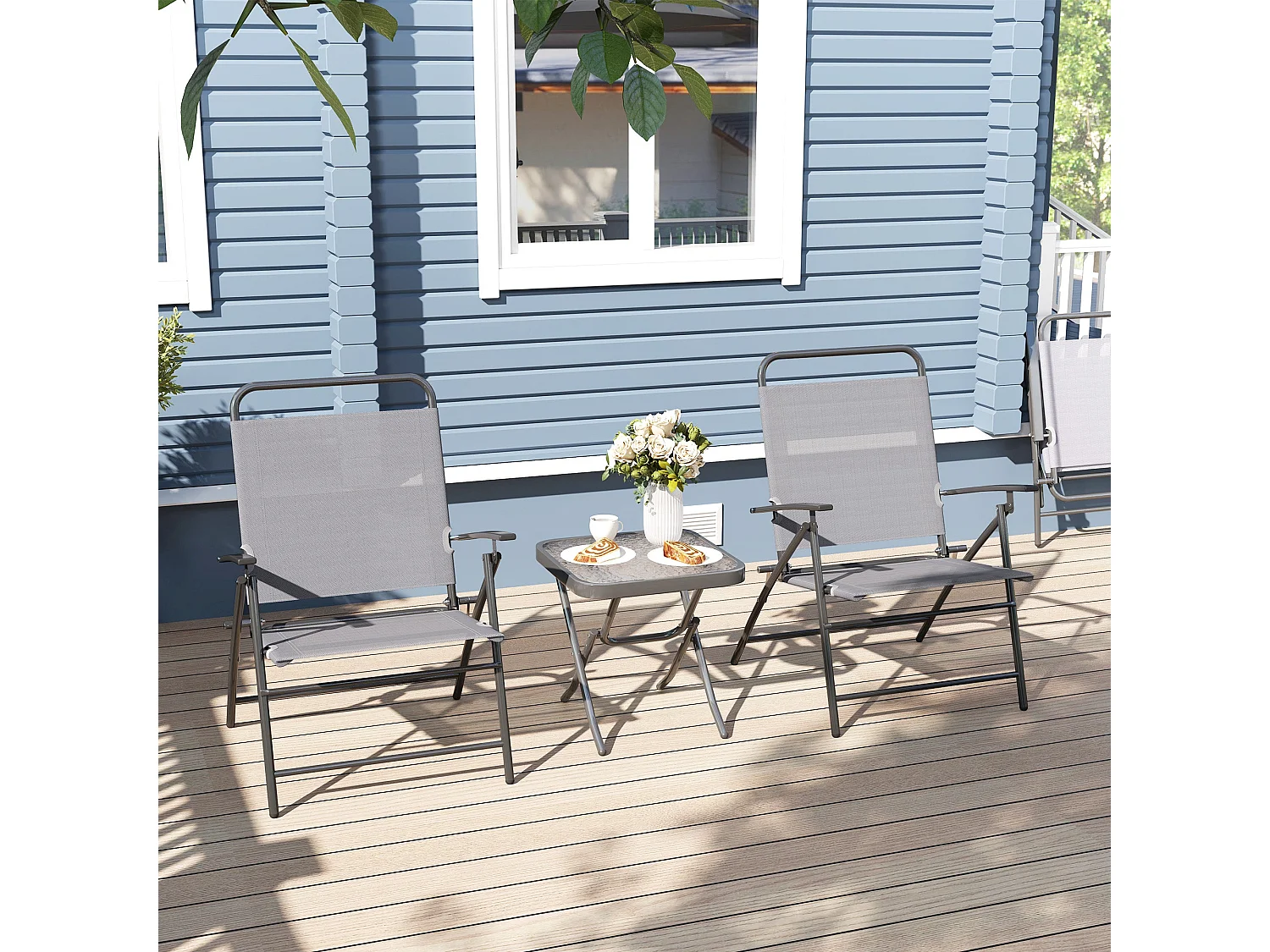 Conjunto de Mesa e Cadeiras Dobráveis para Jardim com Encosto Ajustável e Tampo de Vidro