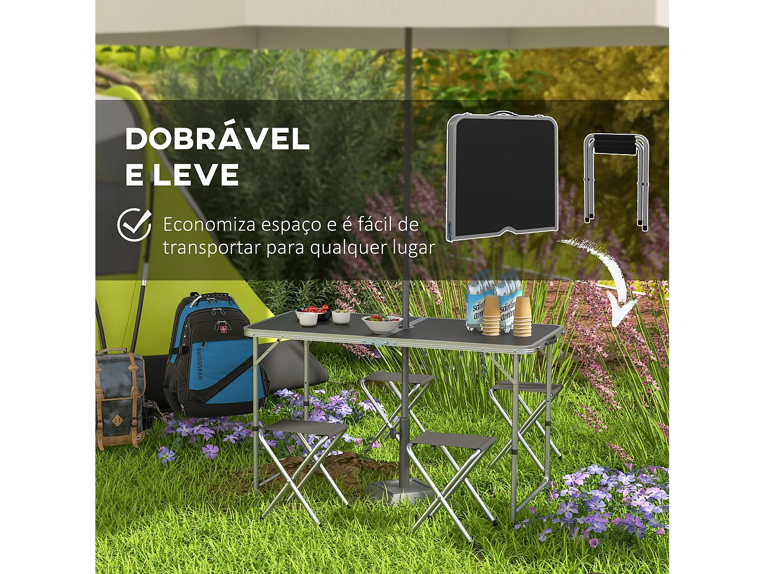 Conjunto de jardín Primrose Outsunny mesa + 4 taburetes plegables gris