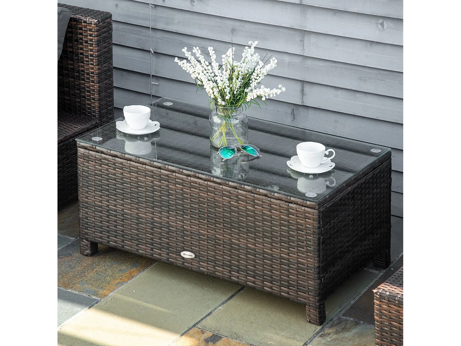 Mesa de Centro de Vime Sintético com Vidro Temperado para Jardim e Varanda - 85x50x39 cm Marrom