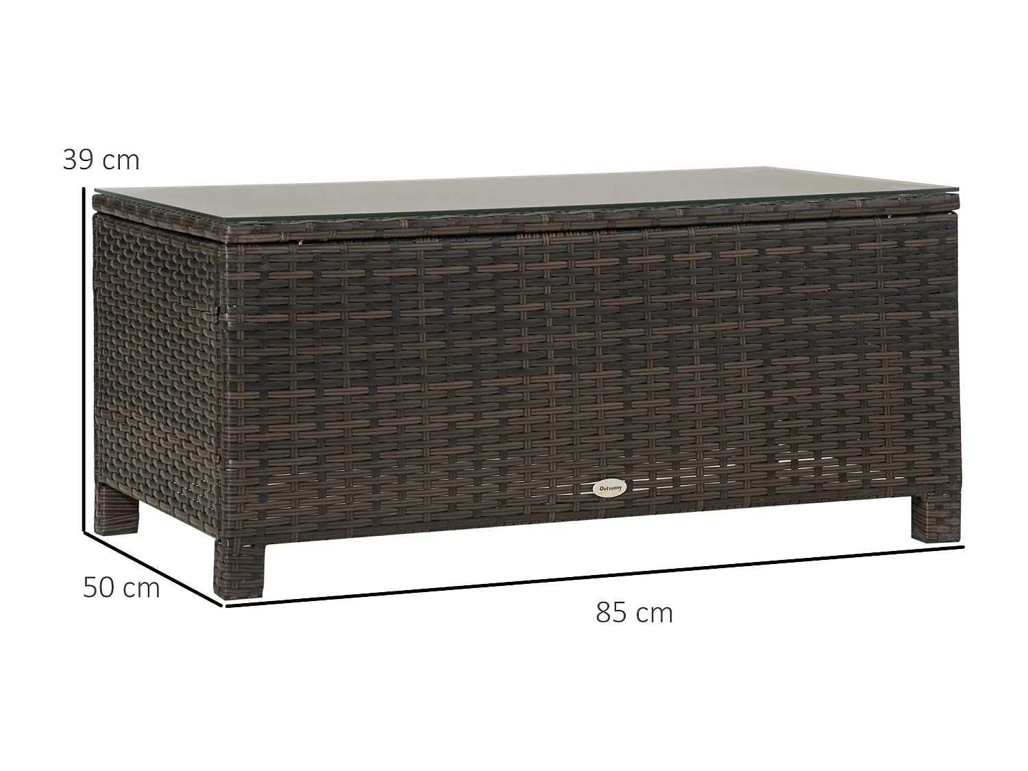 Mesa de Centro de Vime Sintético com Vidro Temperado para Jardim e Varanda - 85x50x39 cm Marrom