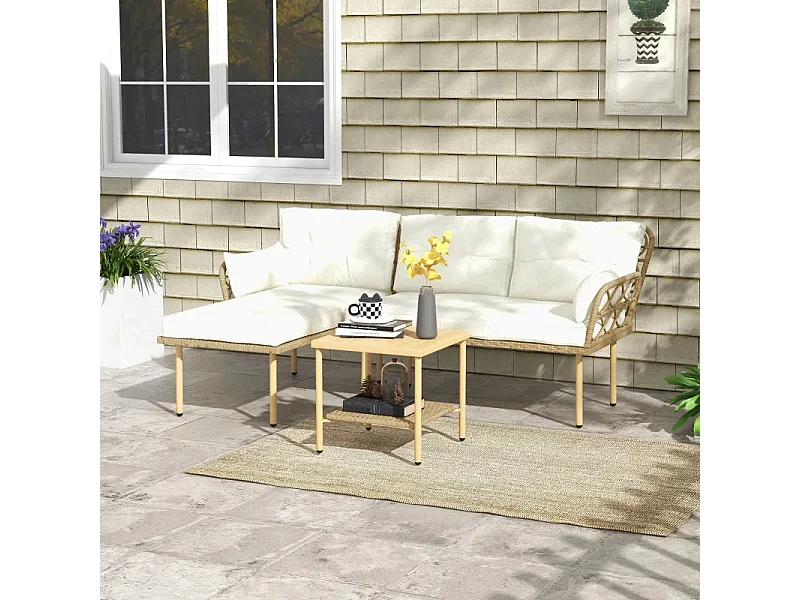 Conjunto Lounge Completo de 3 Peças com Sofá de Jardim e Mesa de Centro em Vime PE - Perfeito para Espaços Externos