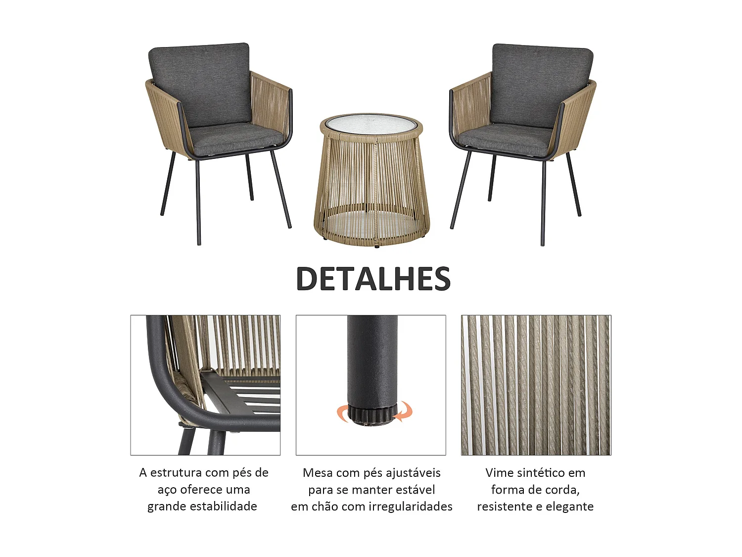 Conjunto Moderno de Móveis de Vime para Jardim com Mesa Redonda e Poltronas Aconchegantes em Cinza Claro e Marrom