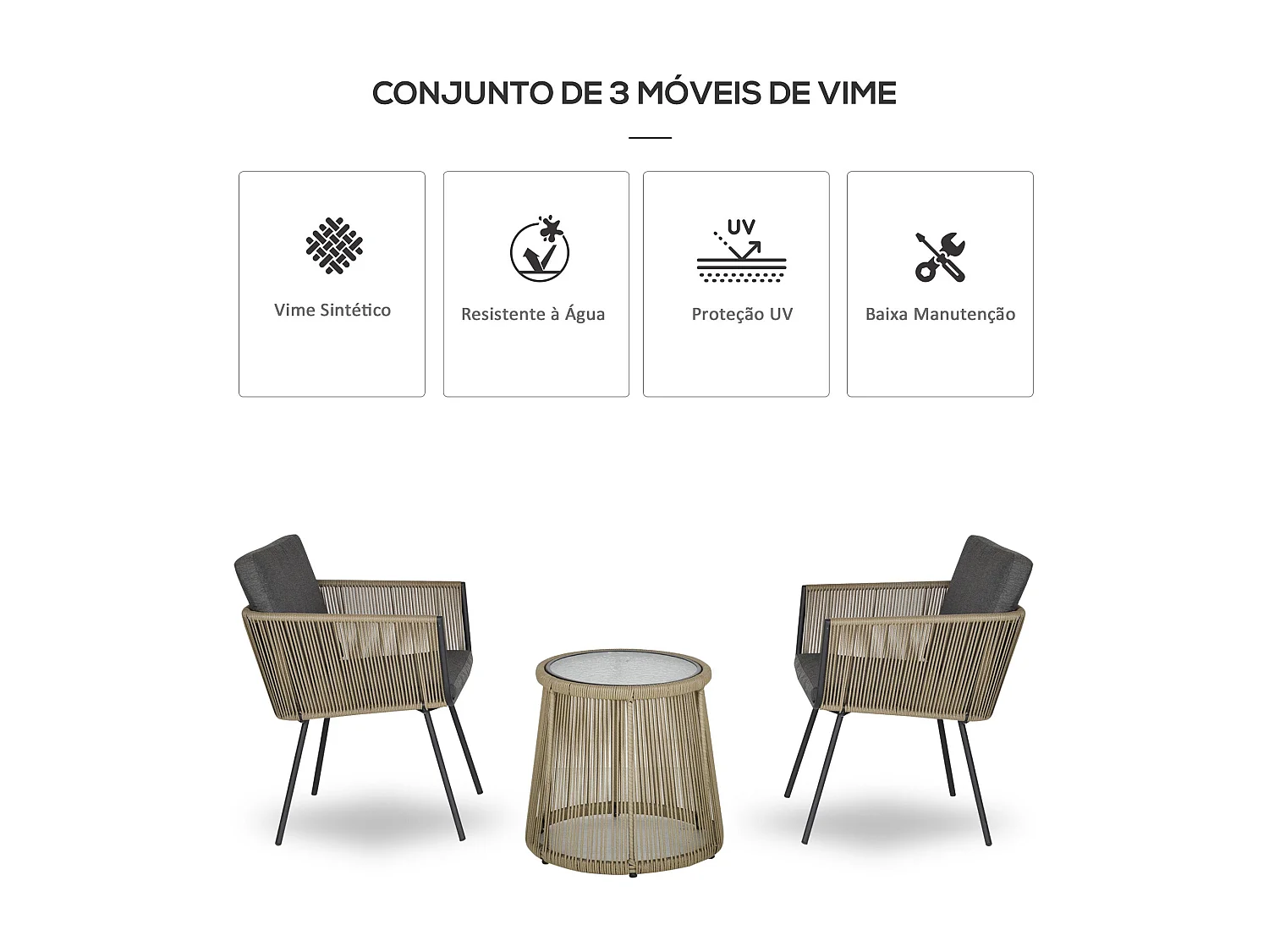 Conjunto Moderno de Móveis de Vime para Jardim com Mesa Redonda e Poltronas Aconchegantes em Cinza Claro e Marrom