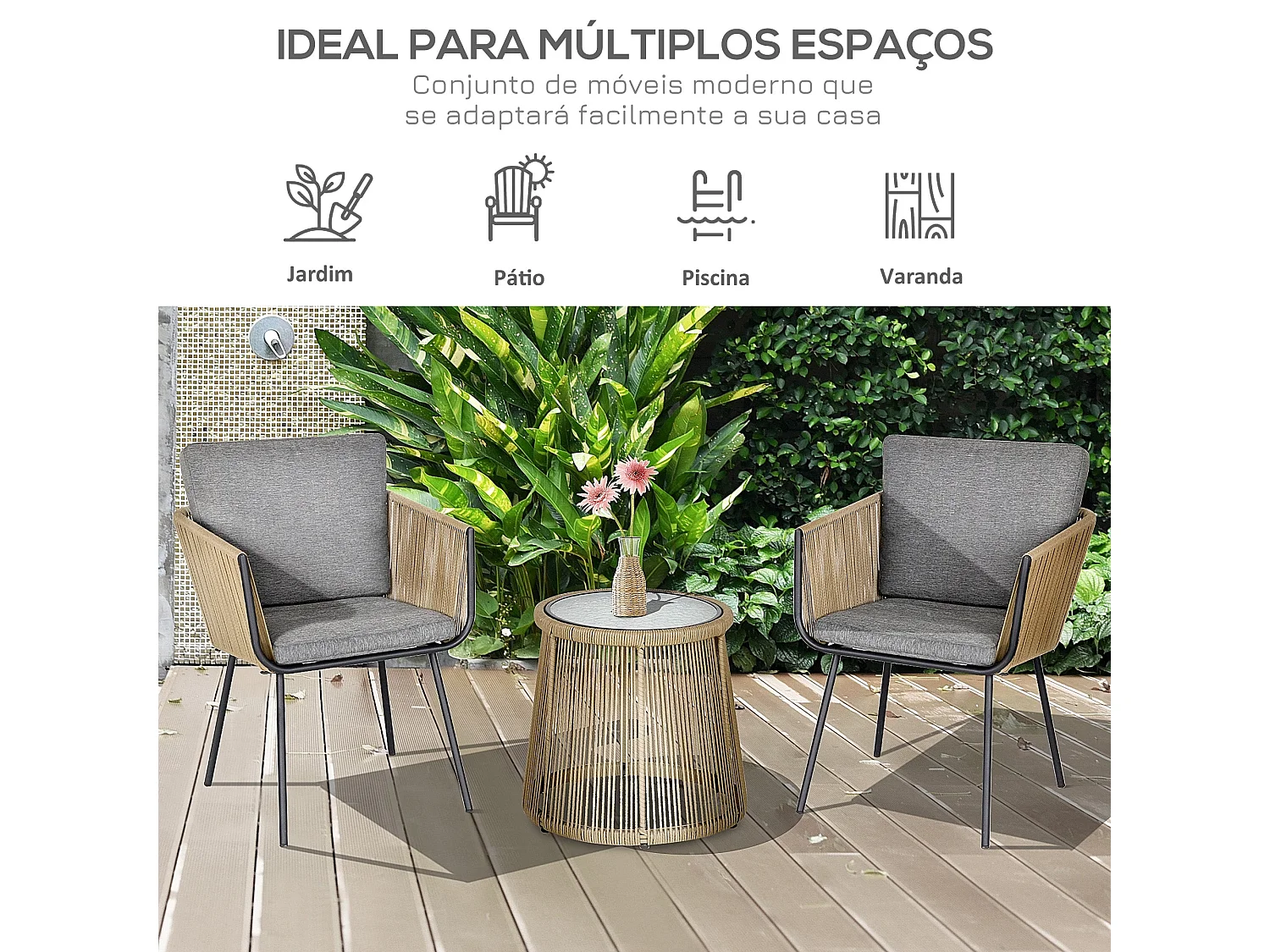 Conjunto Moderno de Móveis de Vime para Jardim com Mesa Redonda e Poltronas Aconchegantes em Cinza Claro e Marrom