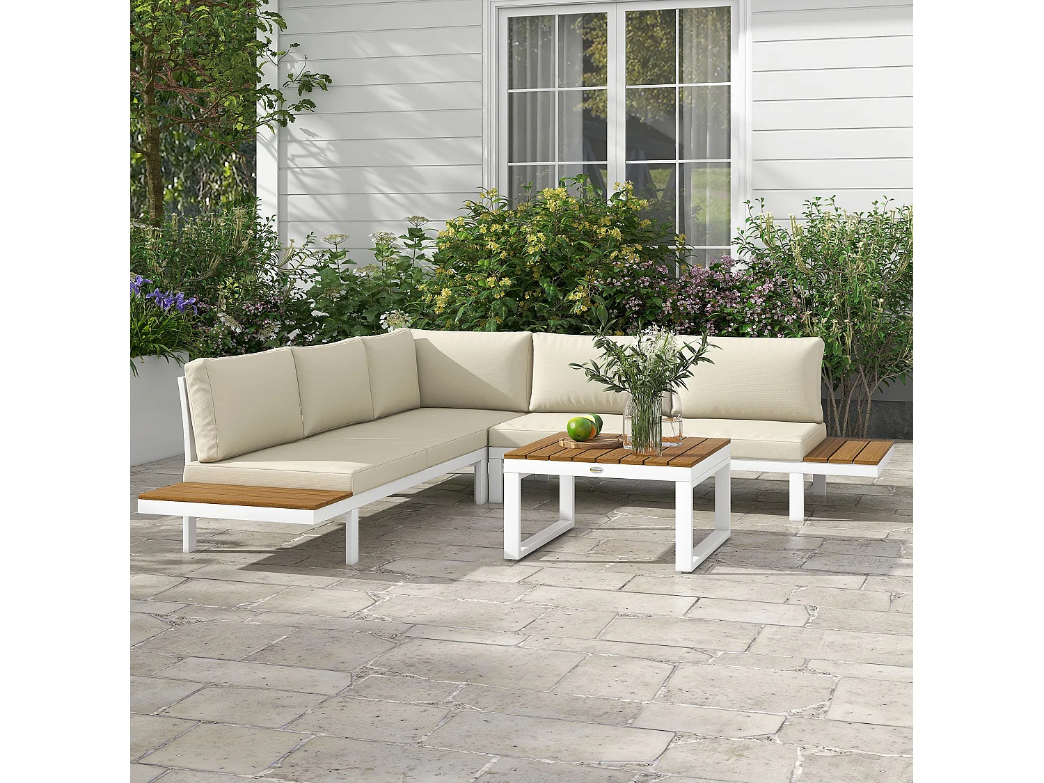 Conjunto Lounge de Jardim 4 Peças em Creme e Madeira Teca – Sofás e Mesa de Centro Elegantes