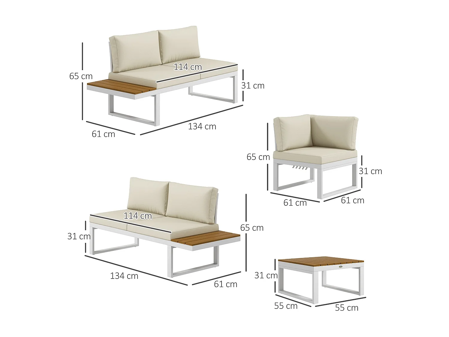 Conjunto Lounge de Jardim 4 Peças em Creme e Madeira Teca – Sofás e Mesa de Centro Elegantes