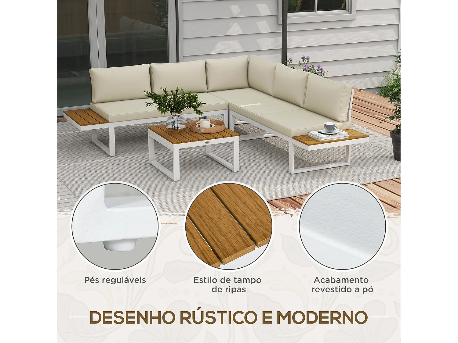 Conjunto Lounge de Jardim 4 Peças em Creme e Madeira Teca – Sofás e Mesa de Centro Elegantes