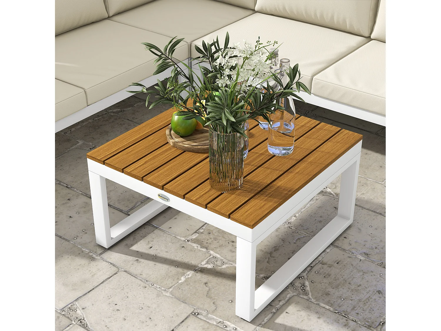 Conjunto Lounge de Jardim 4 Peças em Creme e Madeira Teca – Sofás e Mesa de Centro Elegantes