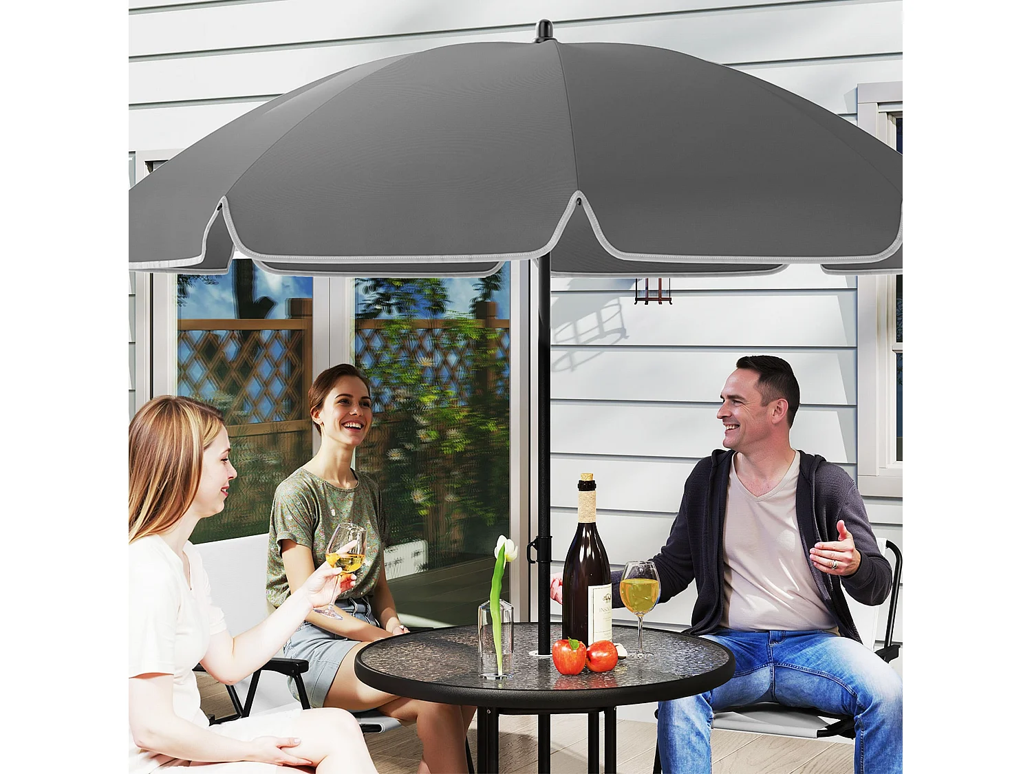 Conjunto de Jardim Completo 6 Peças Soleil Crème - Mesa Redonda e Cadeiras Dobráveis com Guarda-sol