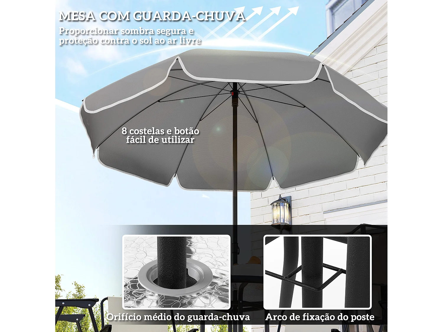 Conjunto de Jardim Completo 6 Peças Soleil Crème - Mesa Redonda e Cadeiras Dobráveis com Guarda-sol