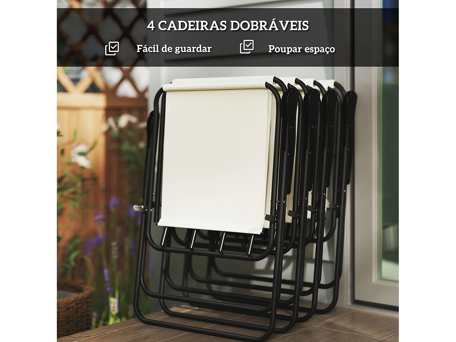 Conjunto de Jardim Completo 6 Peças Soleil Crème - Mesa Redonda e Cadeiras Dobráveis com Guarda-sol