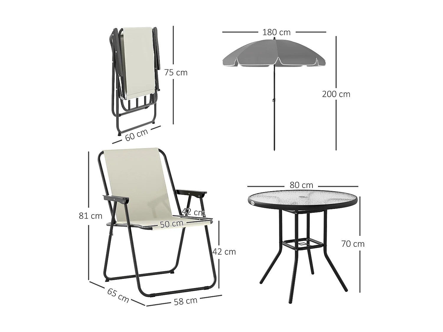 Conjunto de Jardim Completo 6 Peças Soleil Crème - Mesa Redonda e Cadeiras Dobráveis com Guarda-sol