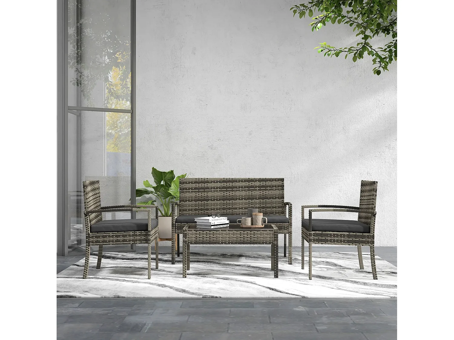 Conjunto de Jardim Siena 4 Peças em Vime Sintético com Sofá e Mesa de Vidro Temperado - Cinza Moderno