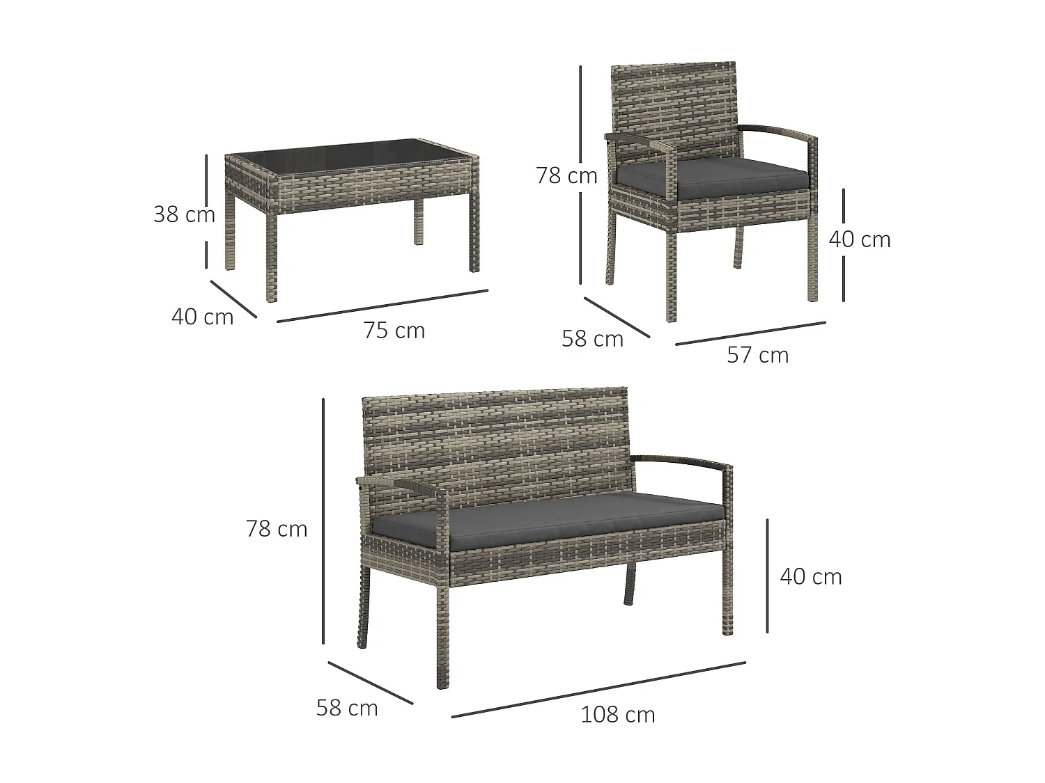 Conjunto de Jardim Siena 4 Peças em Vime Sintético com Sofá e Mesa de Vidro Temperado - Cinza Moderno