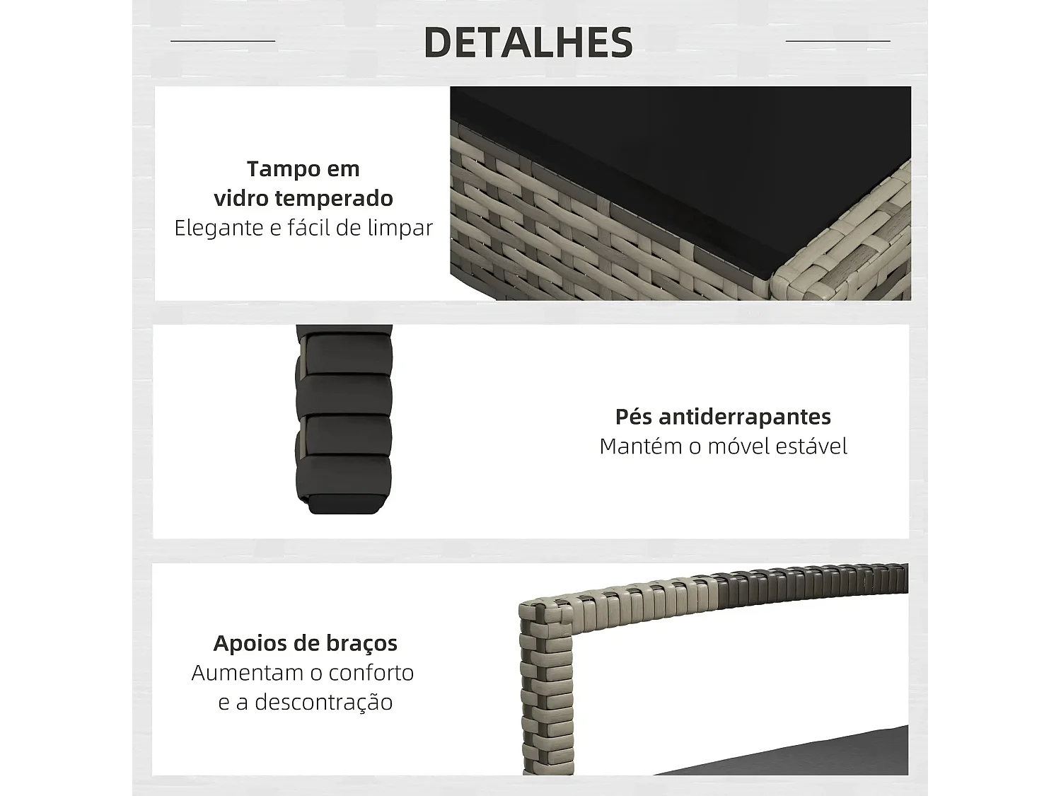 Conjunto de Jardim Siena 4 Peças em Vime Sintético com Sofá e Mesa de Vidro Temperado - Cinza Moderno