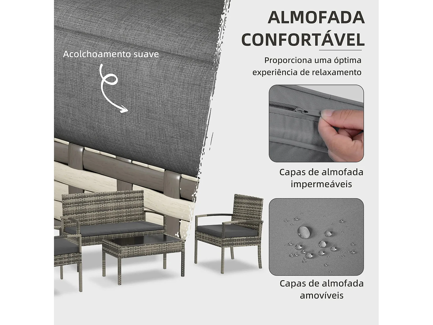 Conjunto de Jardim Siena 4 Peças em Vime Sintético com Sofá e Mesa de Vidro Temperado - Cinza Moderno