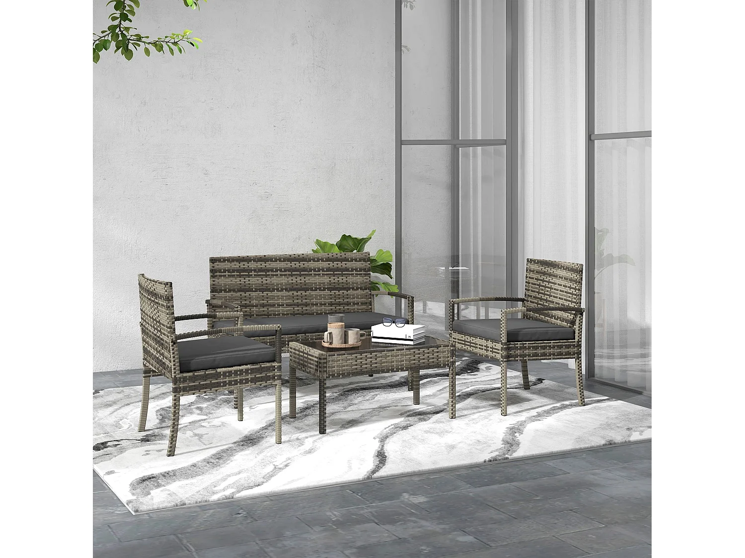 Conjunto de Jardim Siena 4 Peças em Vime Sintético com Sofá e Mesa de Vidro Temperado - Cinza Moderno