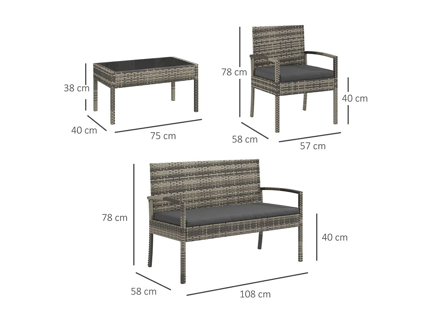 Conjunto de Jardim Siena 4 Peças em Vime Sintético com Sofá e Mesa de Vidro Temperado - Cinza Moderno