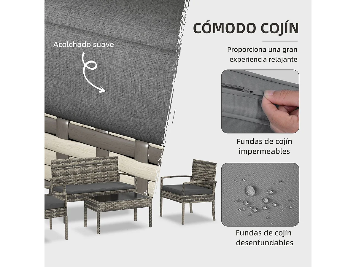 Conjunto de Jardim Siena 4 Peças em Vime Sintético com Sofá e Mesa de Vidro Temperado - Cinza Moderno