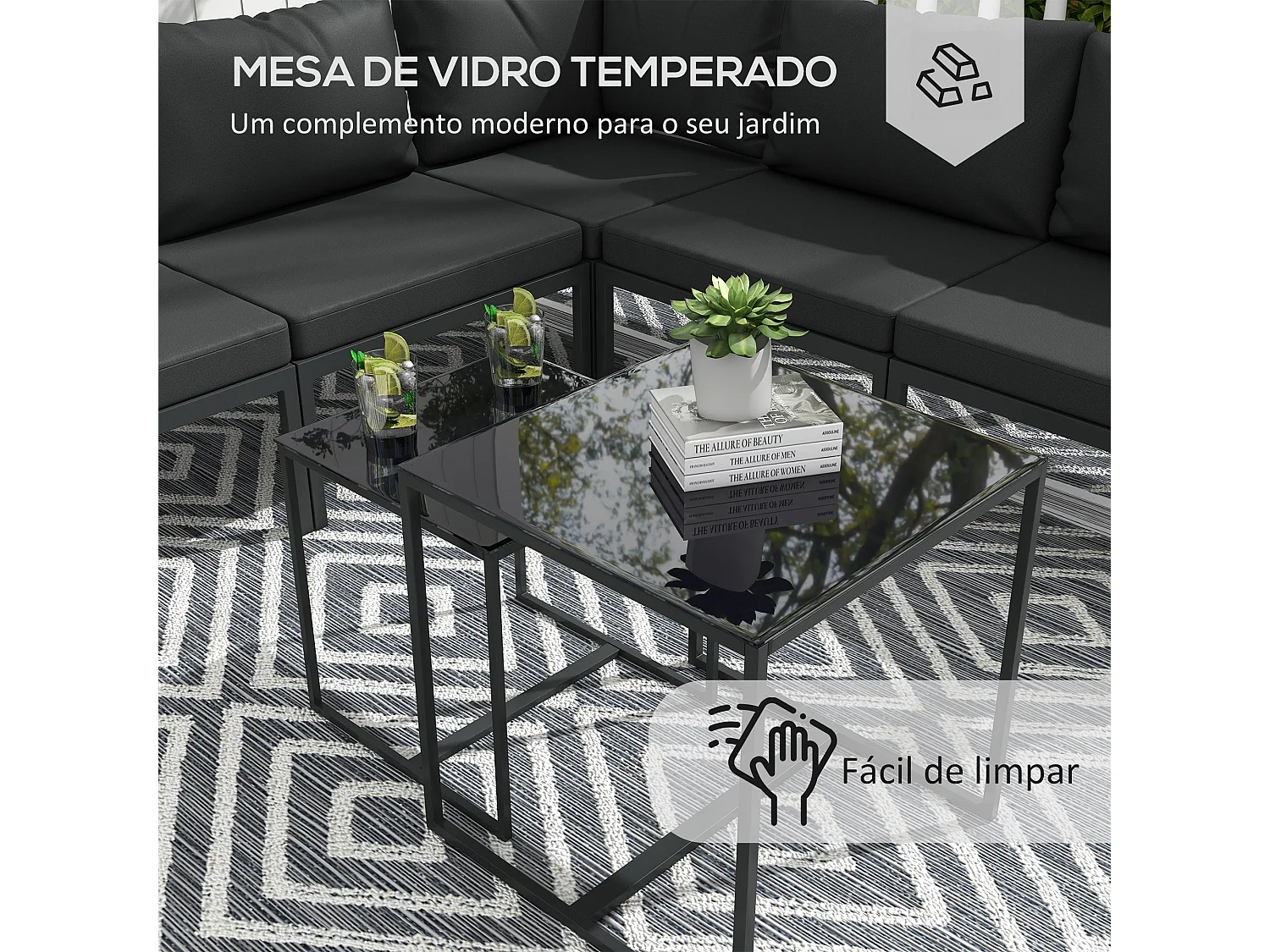 Conjunto de jardín Borla Outsunny 5 módulos + 2 mesas de centro gris