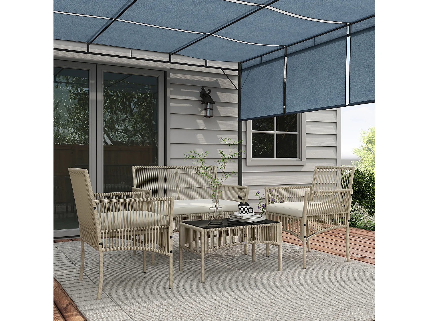 Conjunto de Móveis de Jardim em Vime PE – 4 Peças Elegantes para Exterior