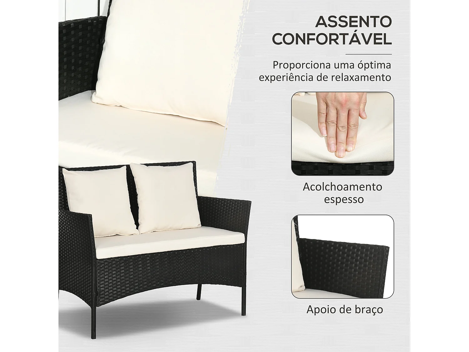 Conjunto de jardín Martín 3 sillones + 1 mesa negro/crema