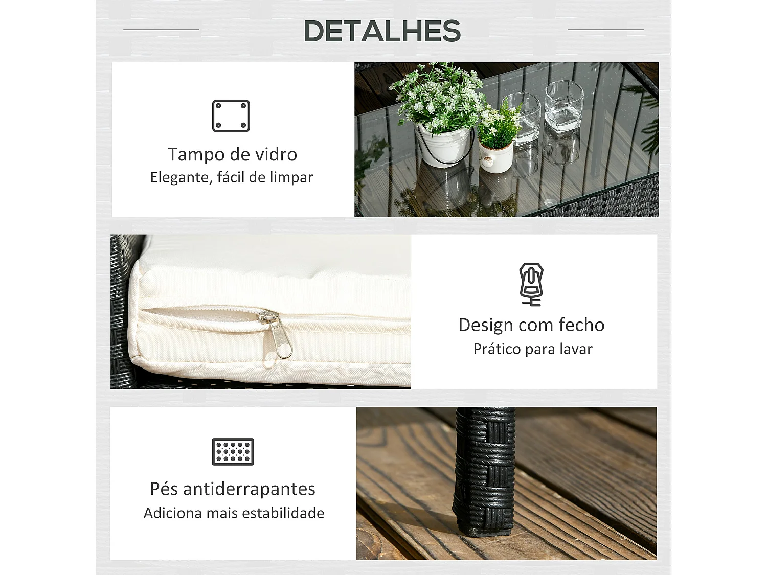 Conjunto de jardín Martín 3 sillones + 1 mesa negro/crema