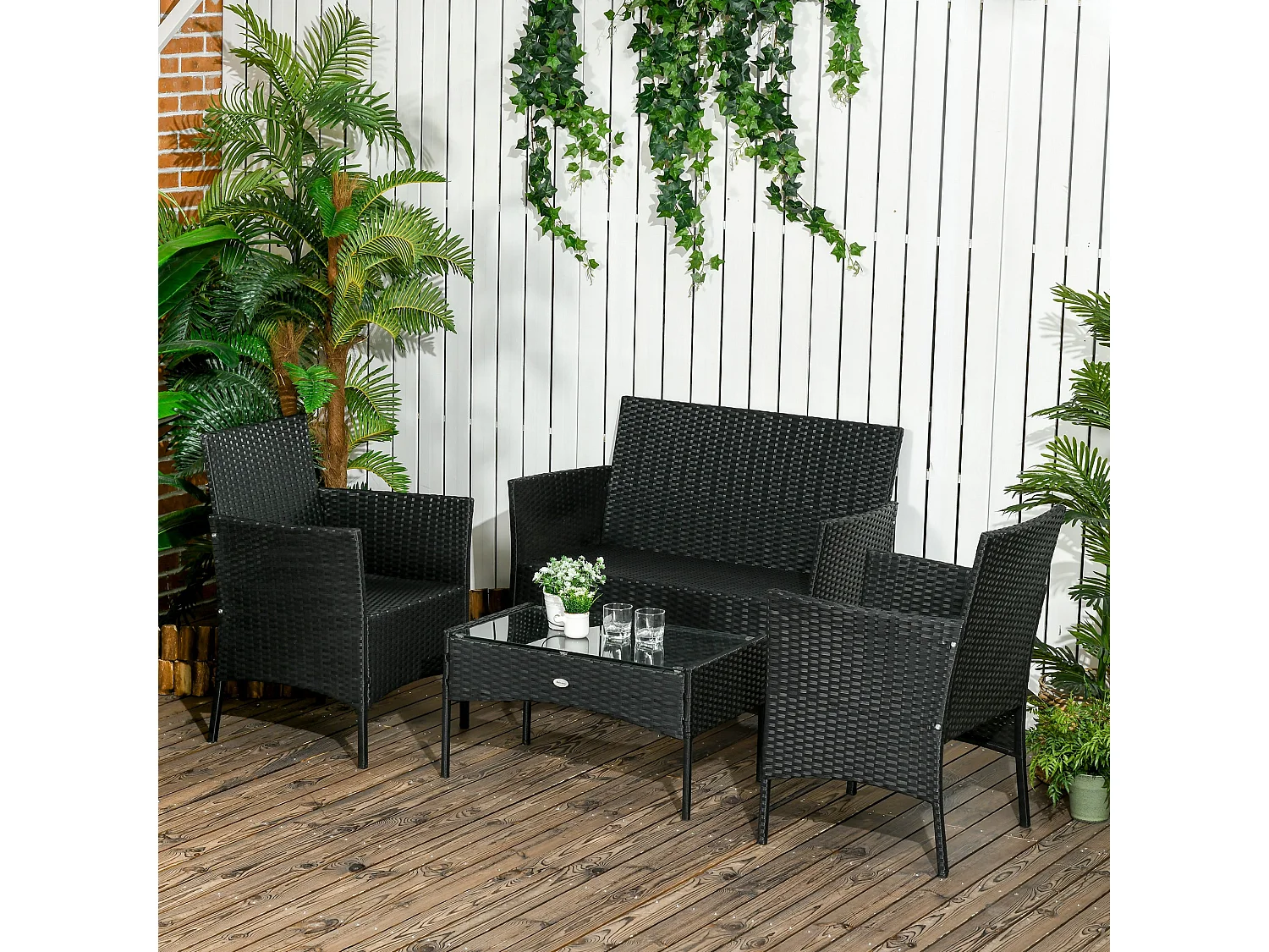 Conjunto de jardín Martín 3 sillones + 1 mesa negro/crema