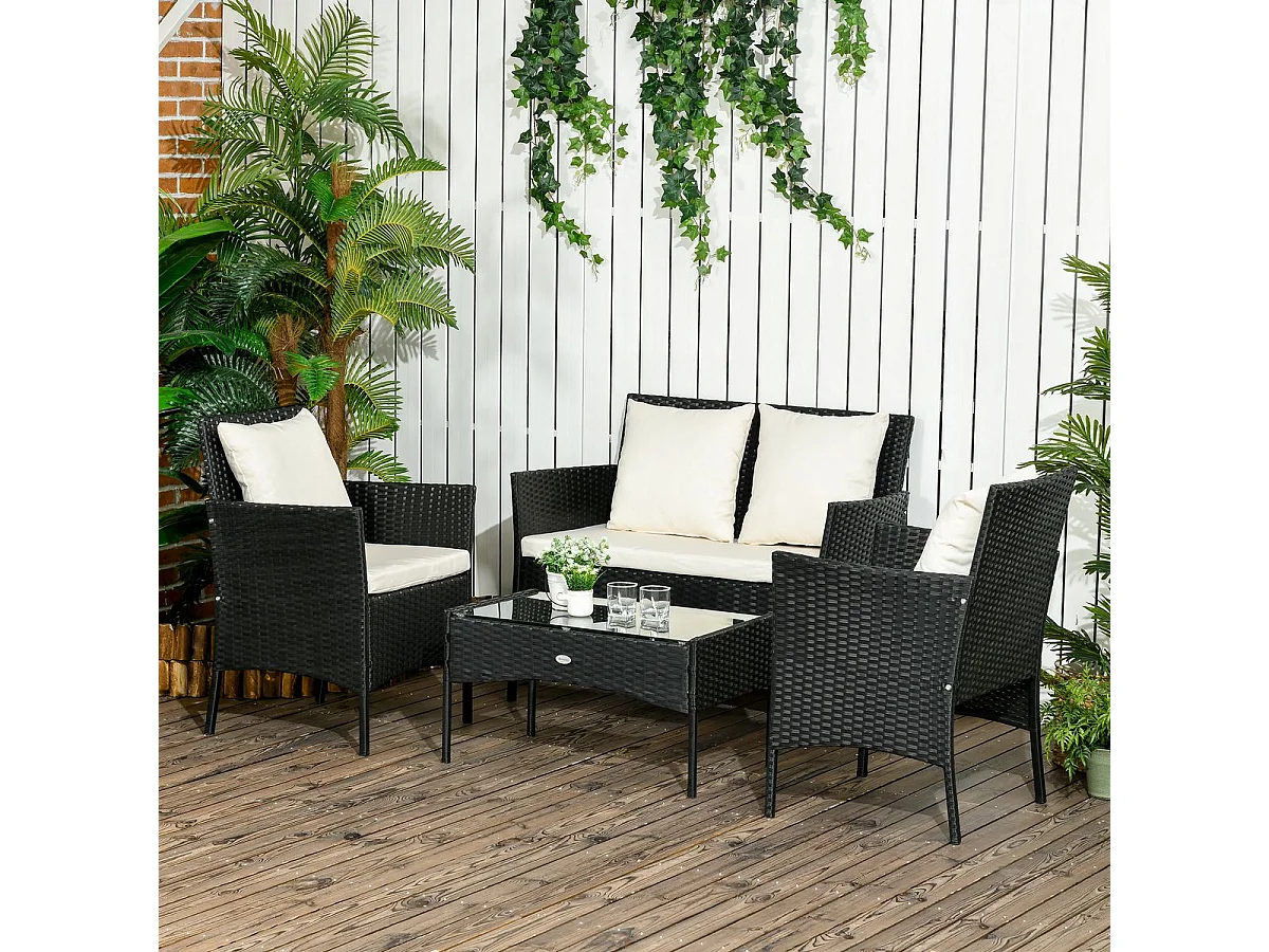 Conjunto de jardín Martín 3 sillones + 1 mesa negro/crema