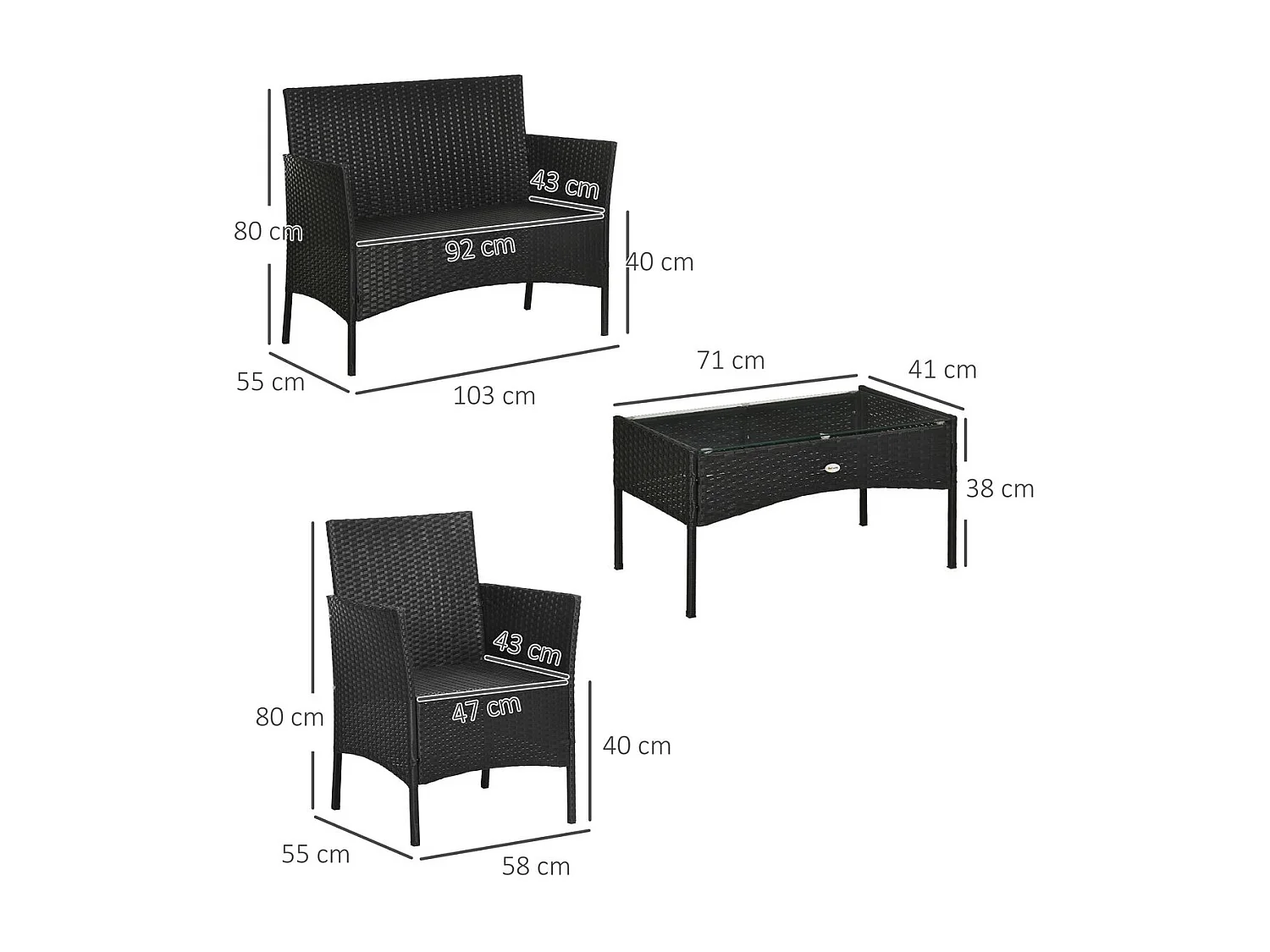 Conjunto de jardín Martín 3 sillones + 1 mesa negro/crema