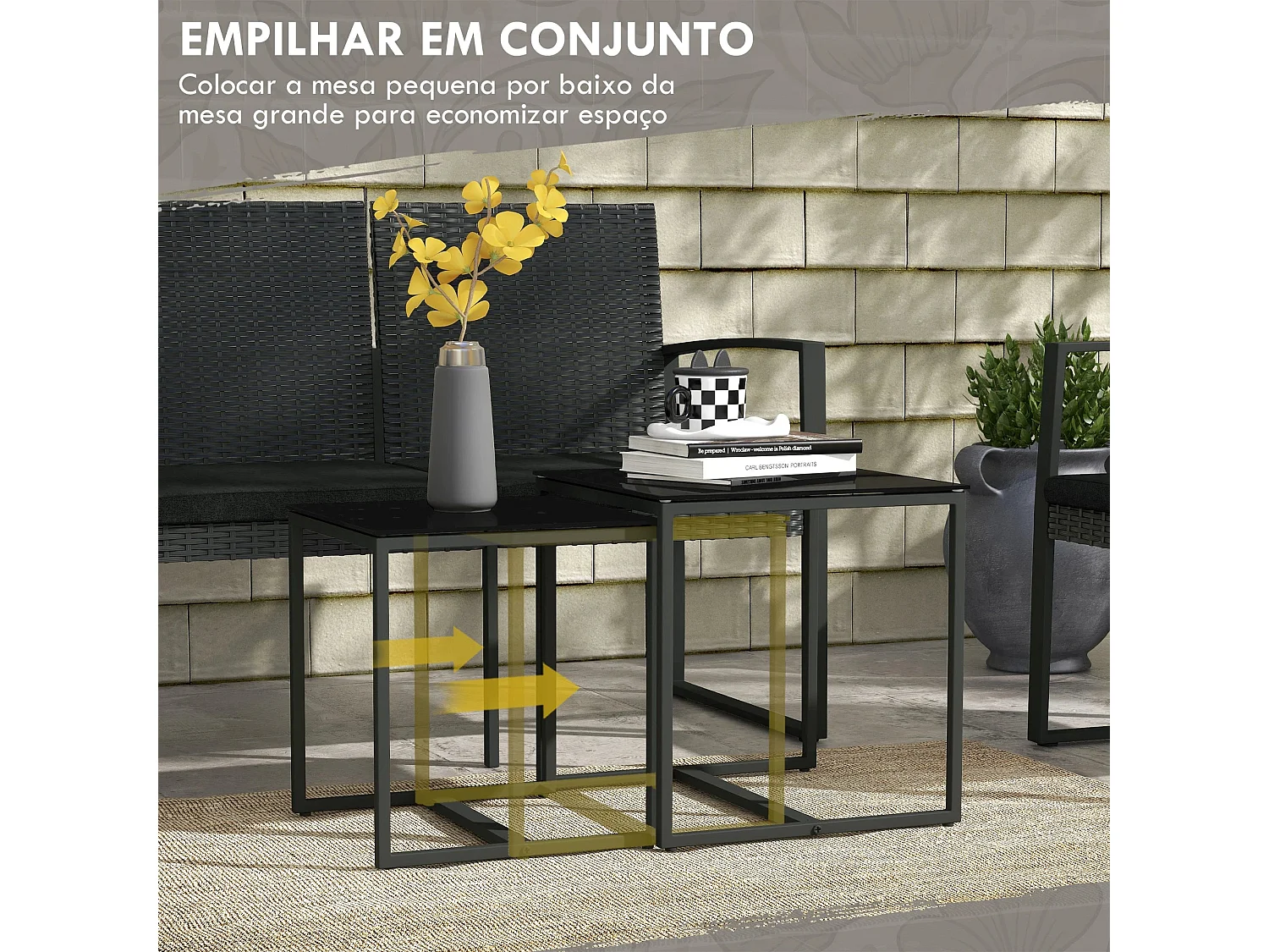 Conjunto de Jardim Torino 5 Peças em Vime PE com Sofá e Mesas de Vidro Temperado