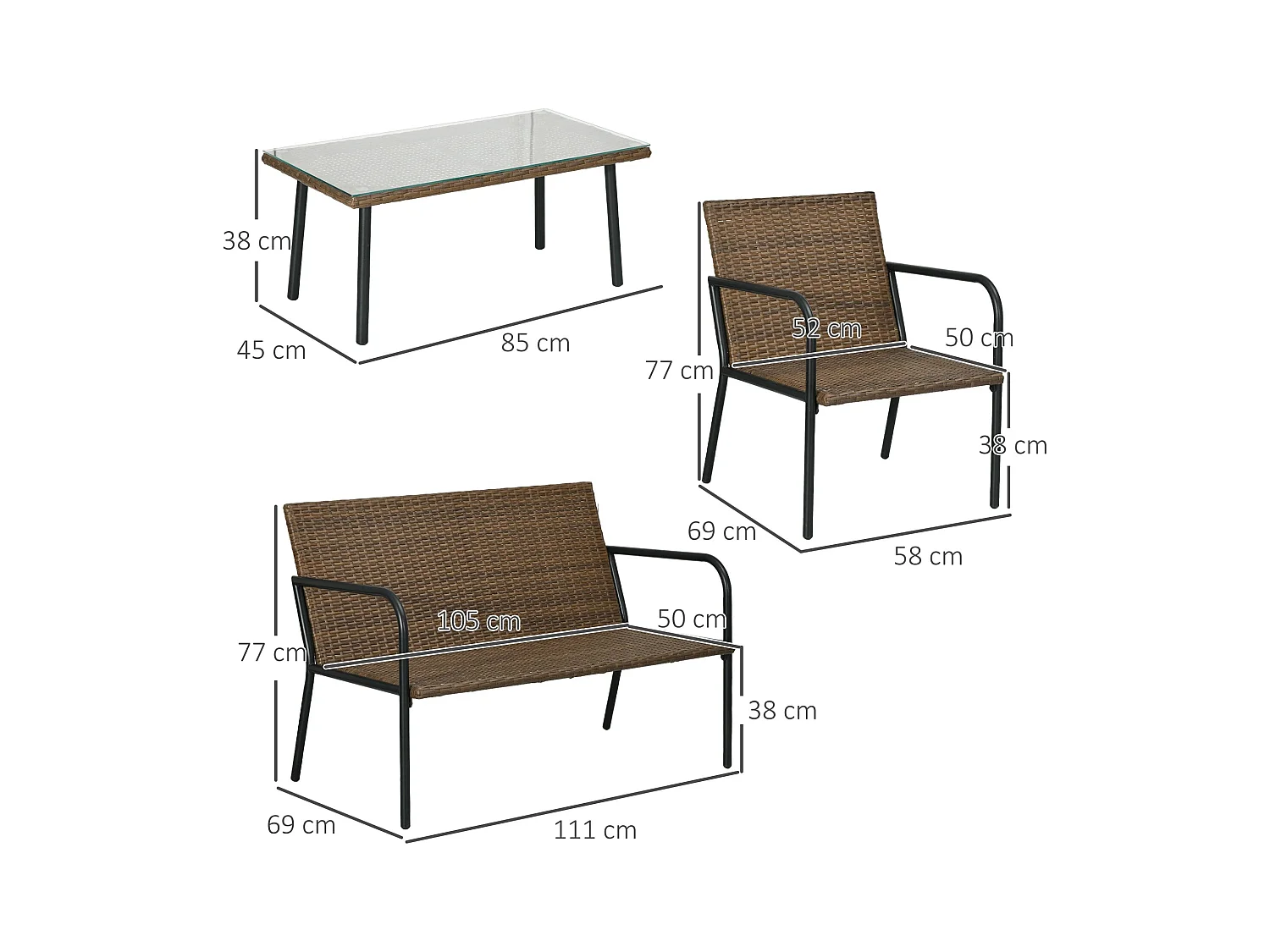 Conjunto de jardín Chill Outsunny 2 sillones + sofá + mesa marrón/negro