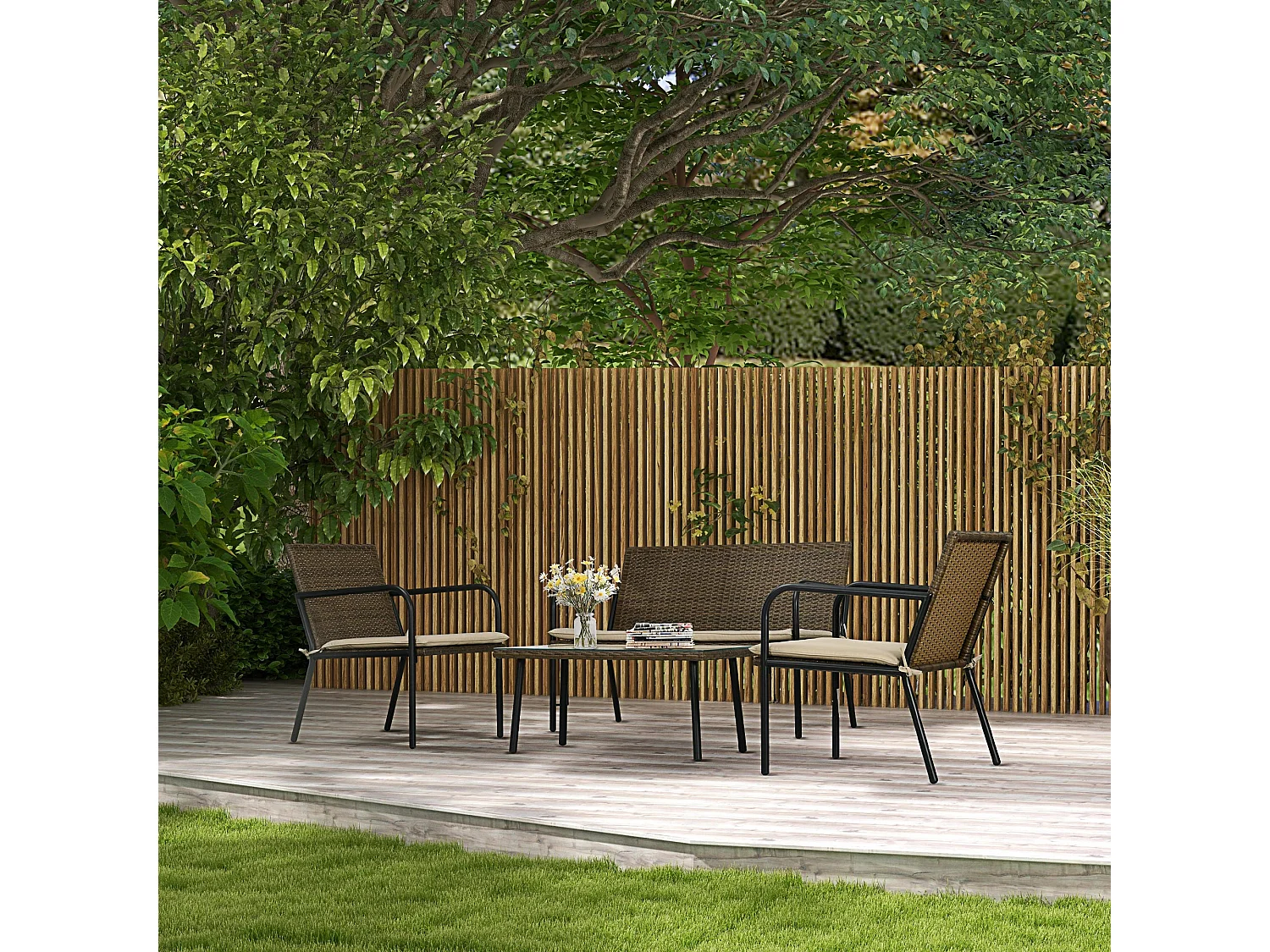 Conjunto de Jardim “Bari” 4 Peças em Vime Sintético – Sofá, Poltronas e Mesa de Vidro para Exterior