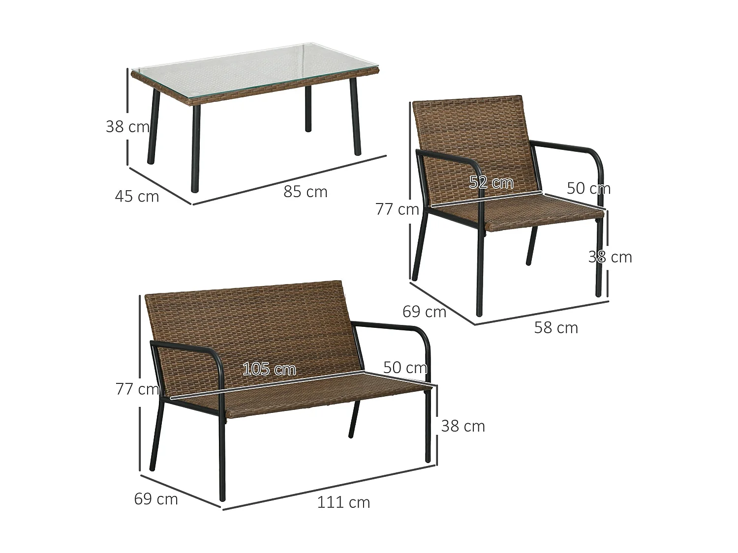 Conjunto de Jardim “Bari” 4 Peças em Vime Sintético – Sofá, Poltronas e Mesa de Vidro para Exterior