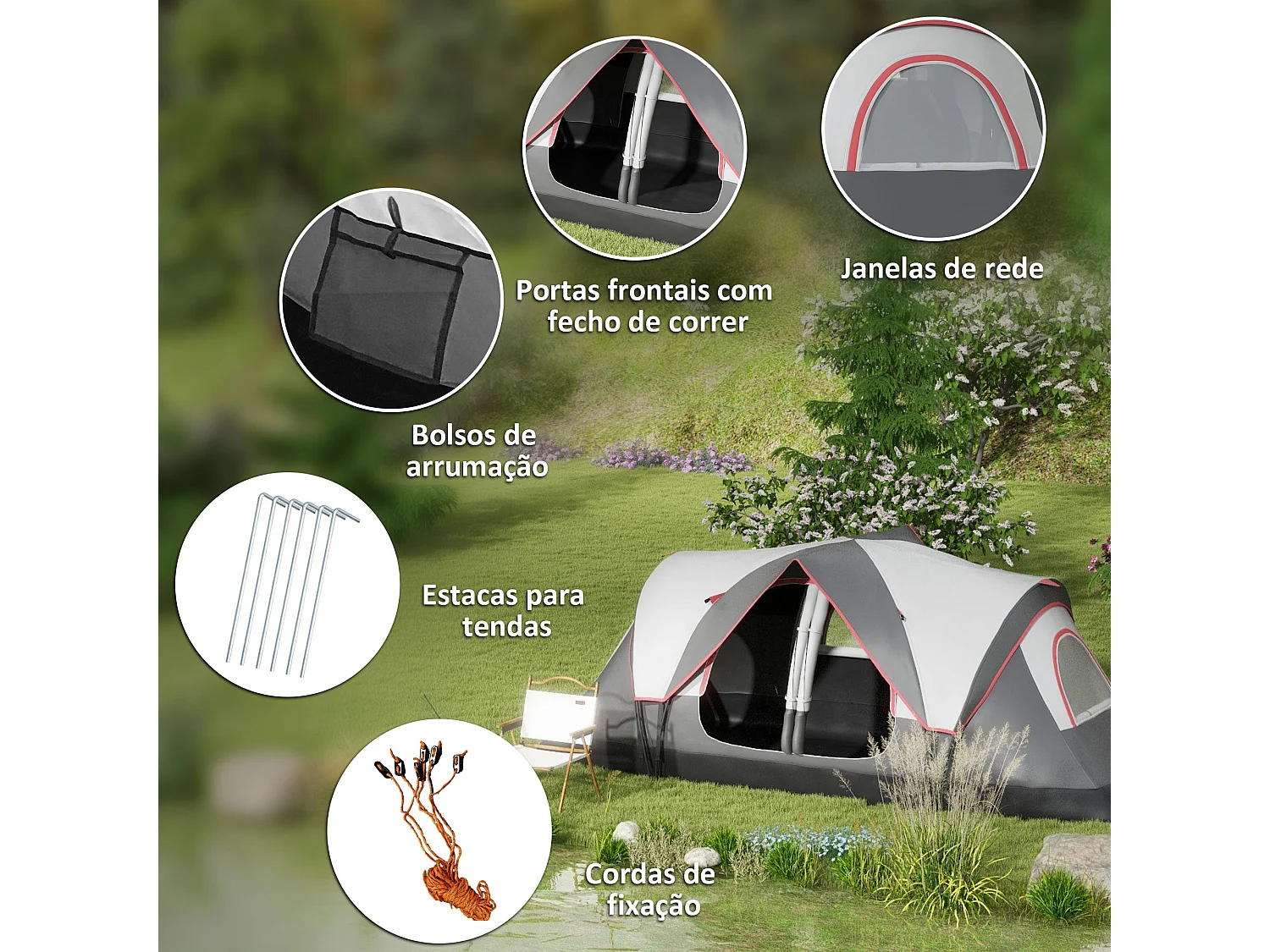 Tenda de Campismo Familiar para 6-8 Pessoas com 2 Quartos e Bolsa de Transporte Impermeável