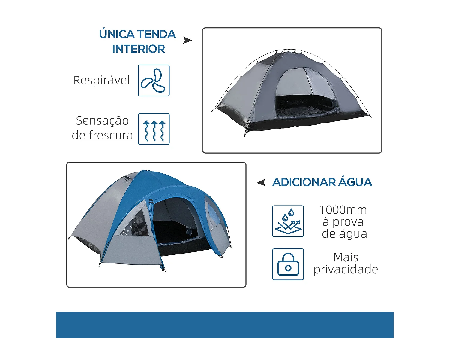 Tenda de Campismo Espaciosa para 4 Pessoas com Janelas e Transporte - Cinza e Azul
