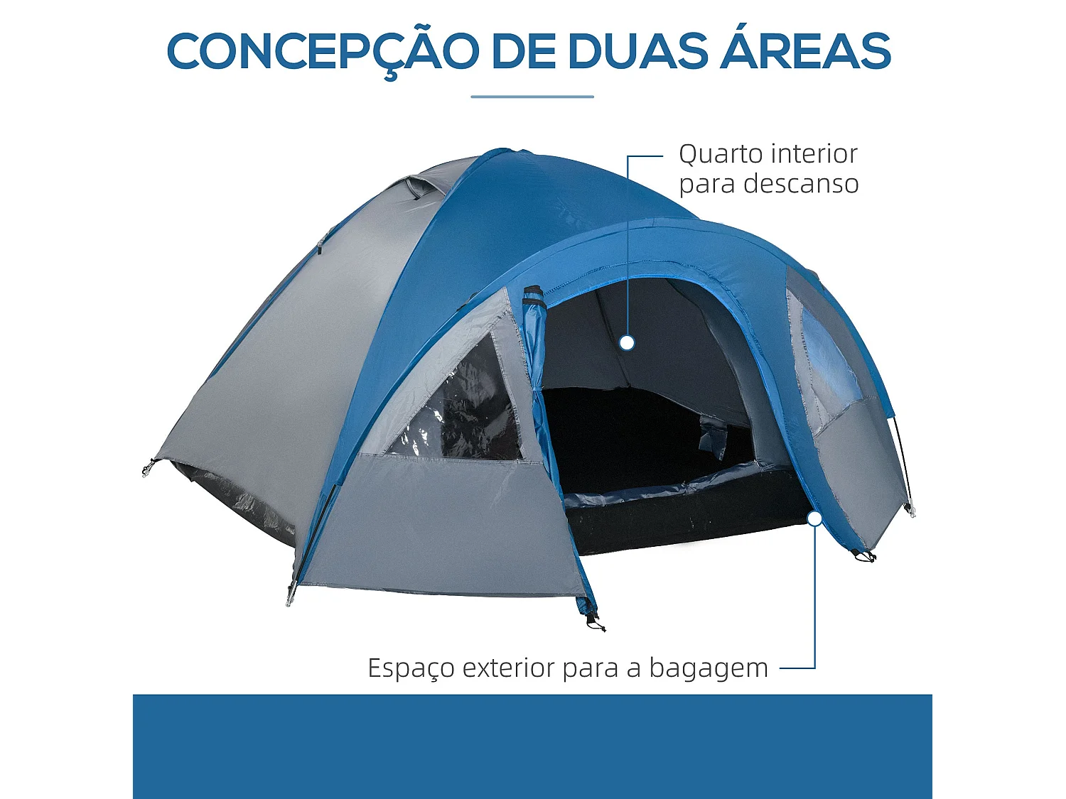 Tenda de Campismo Espaciosa para 4 Pessoas com Janelas e Transporte - Cinza e Azul