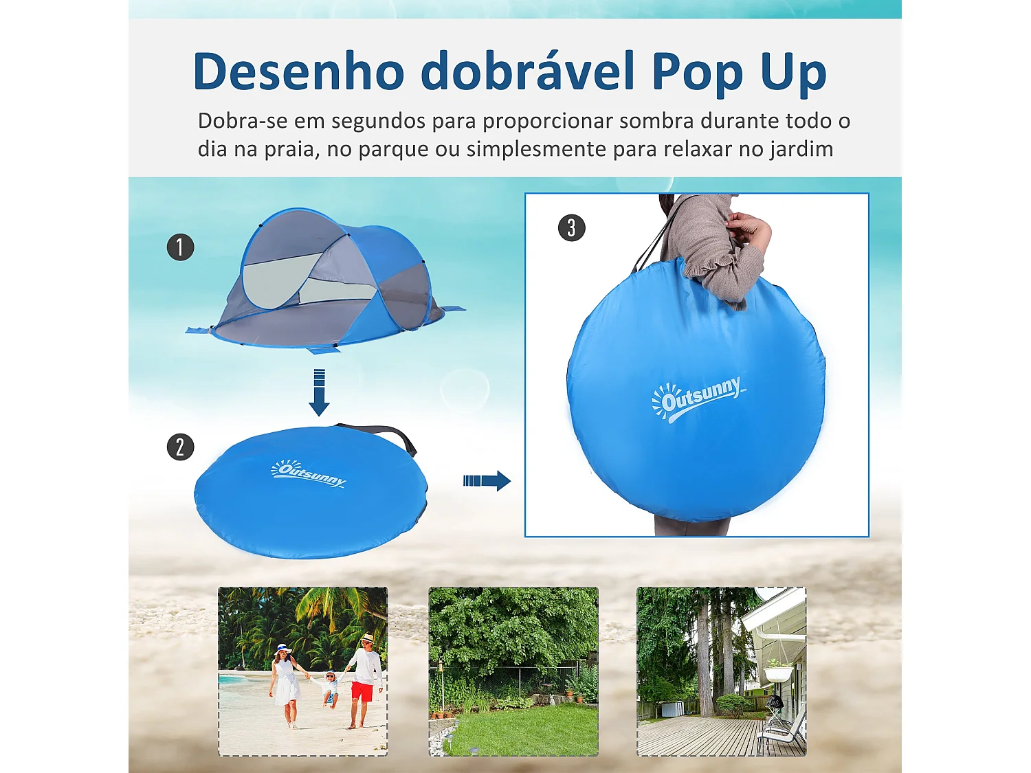 Tenda de Praia Dobrável Pop-Up Azul para 1-2 Pessoas com Abertura Automática e Bolsa de Transporte
