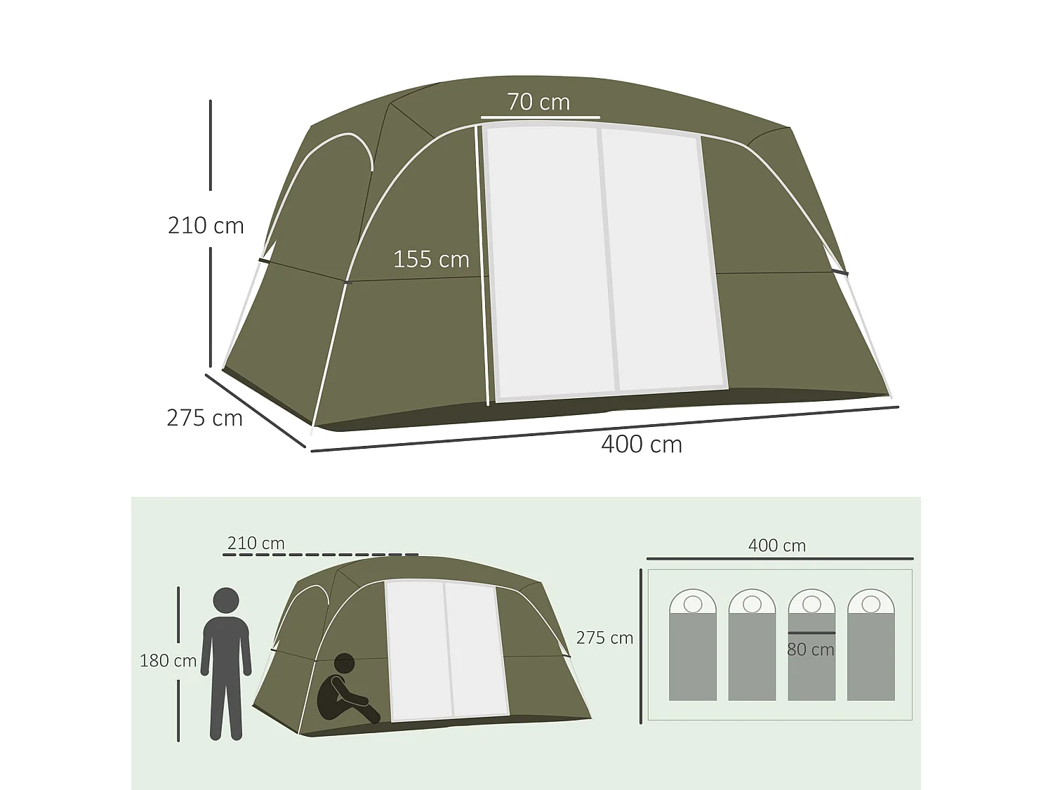 Tenda de Campismo Familiar Grande para 4-8 Pessoas com 2 Quartos e Janelas de Malha Verde