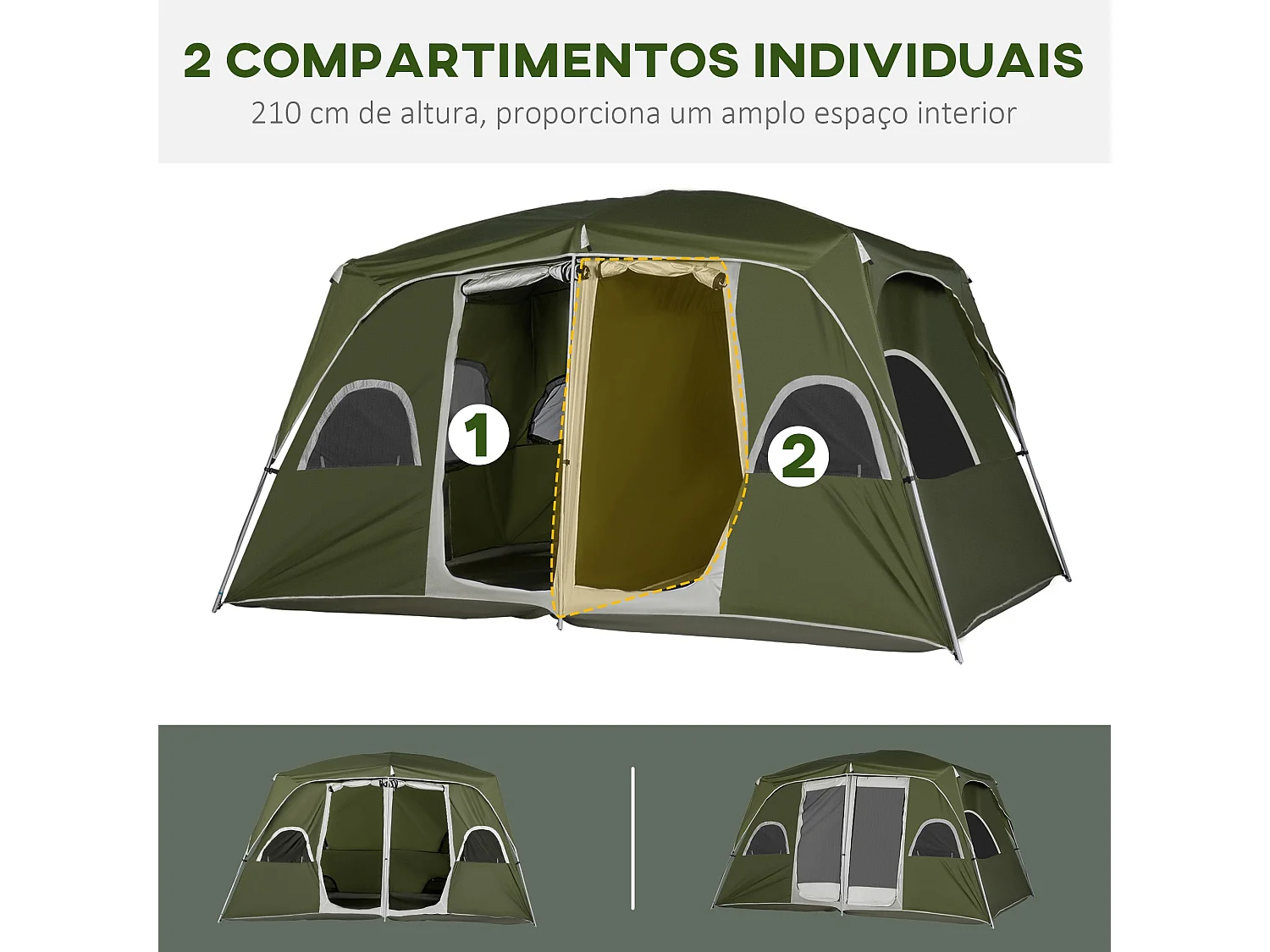 Tenda de Campismo Familiar Grande para 4-8 Pessoas com 2 Quartos e Janelas de Malha Verde