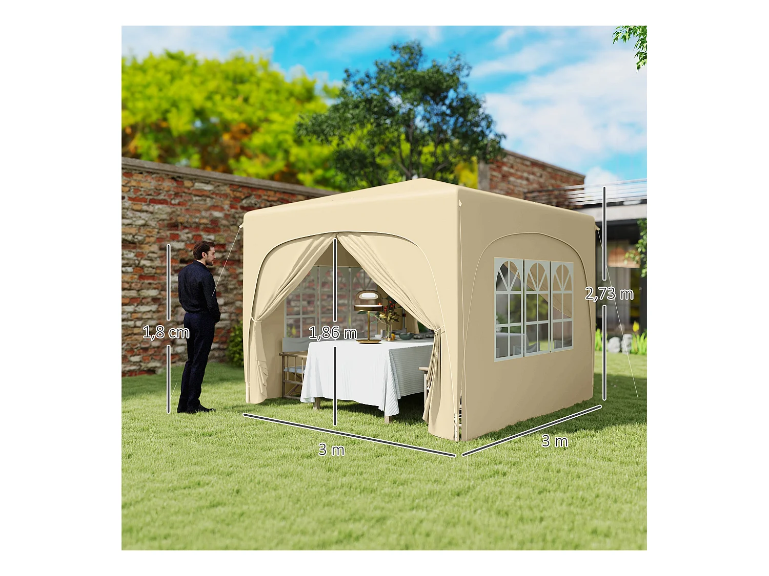 Cenador Garden Outsunny plegable+ regulable + 2 ventanas + 2 puertas crema 300x300 cm