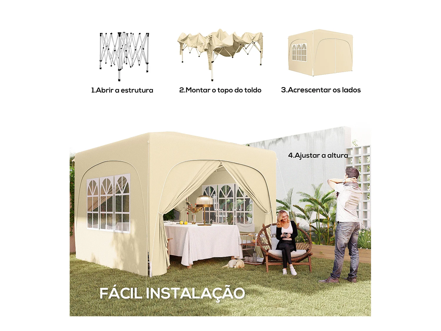 Cenador Garden Outsunny plegable+ regulable + 2 ventanas + 2 puertas crema 300x300 cm