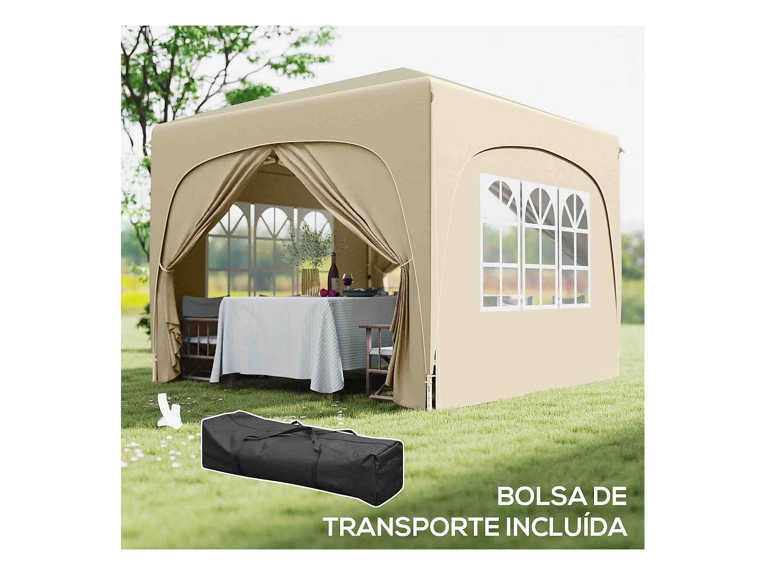 Cenador Garden Outsunny plegable+ regulable + 2 ventanas + 2 puertas crema 300x300 cm