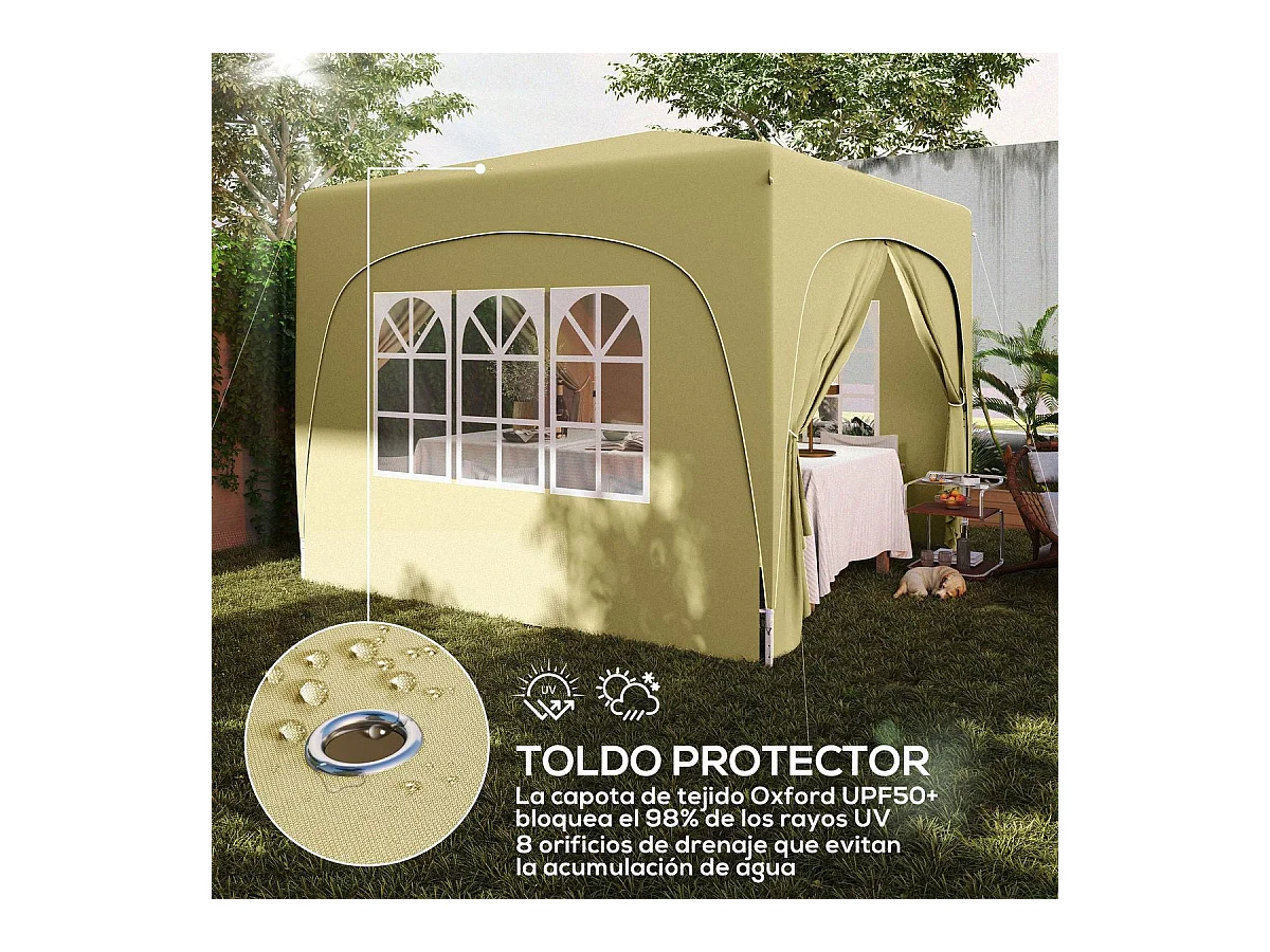 Cenador Garden Outsunny plegable+ regulable + 2 ventanas + 2 puertas crema 300x300 cm