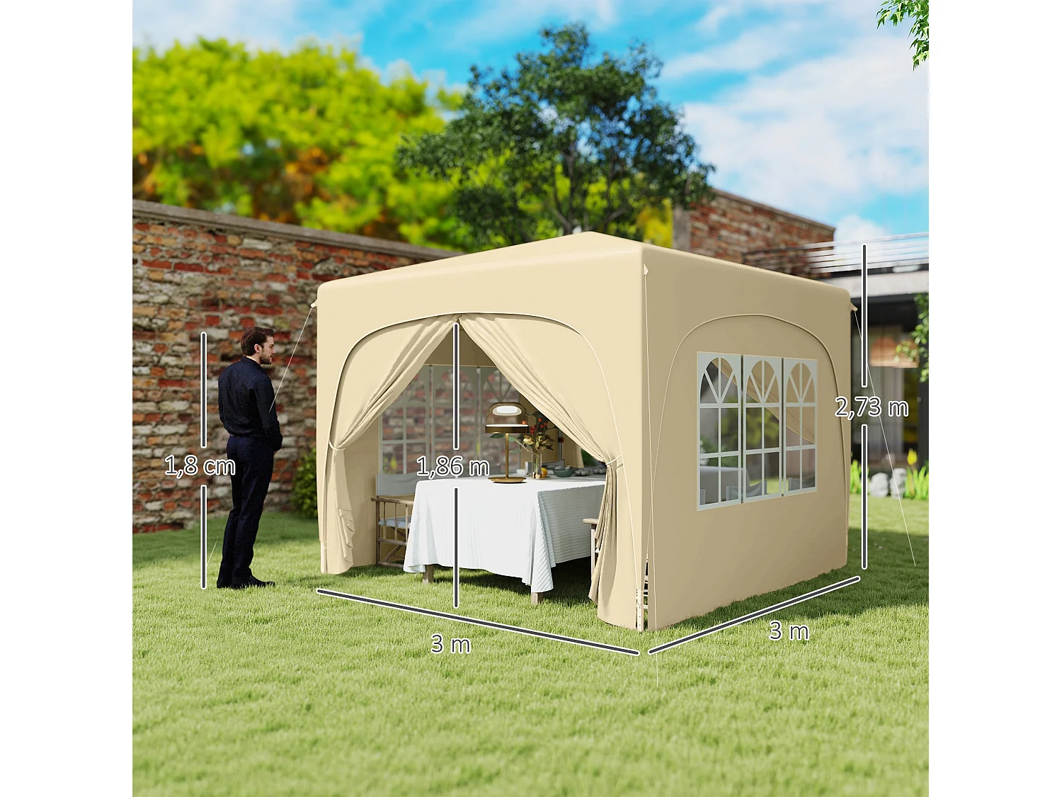 Cenador Garden Outsunny plegable+ regulable + 2 ventanas + 2 puertas crema 300x300 cm