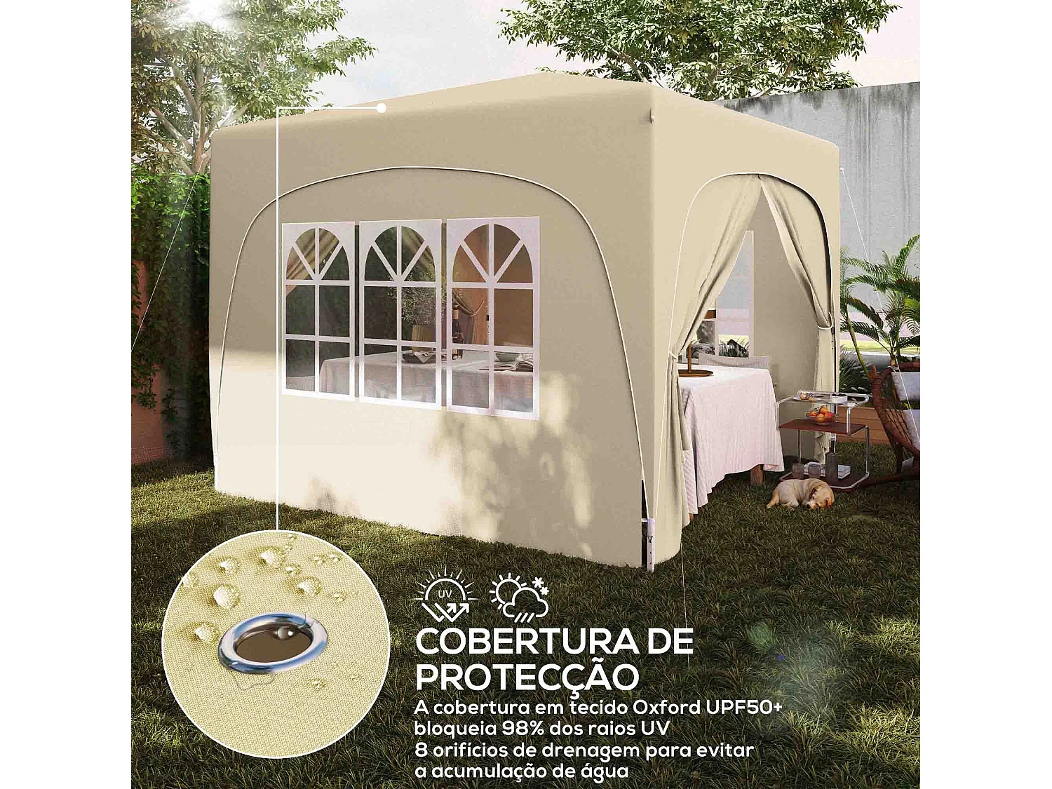 Cenador Garden Outsunny plegable+ regulable + 2 ventanas + 2 puertas crema 300x300 cm